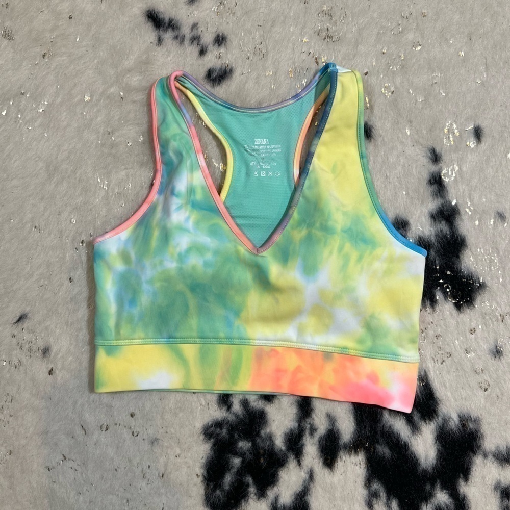 Zenana Women’s Blue and Green Tie Dye Razor Back Spandex Activewear Sports Bra